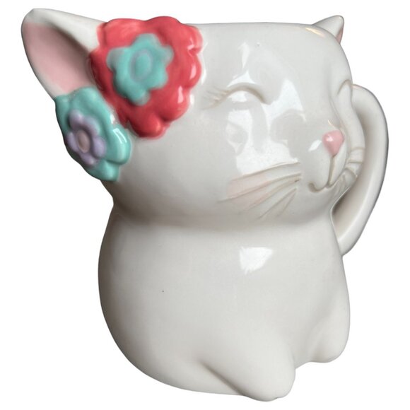 3D Ceramic Cat Mug Planter Flowers in Hair Glazed Charming Pristine 16 oz - Picture 2 of 12
